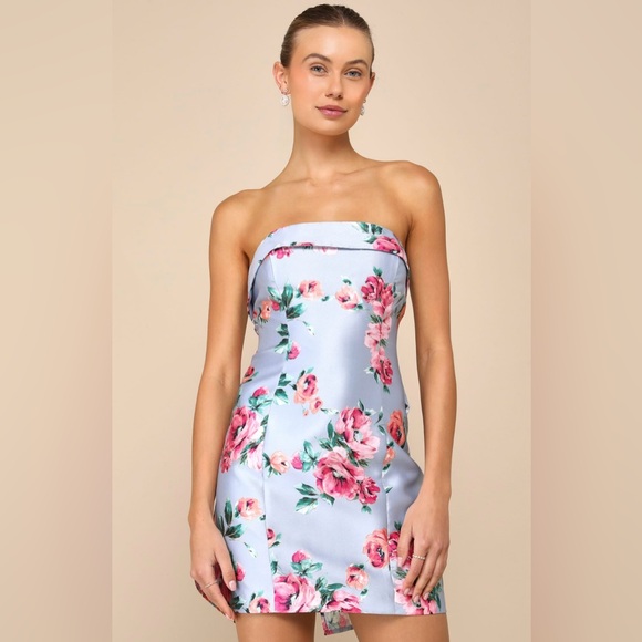 NWT Luxe Wonder Light Blue Floral Taffeta Strapless Bow Mini Dress - Picture 1 of 4
